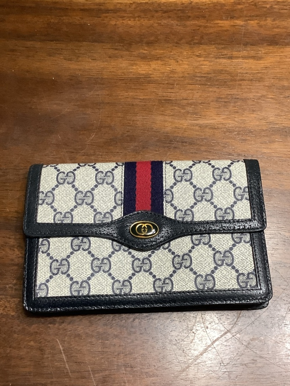 Gucci Beige GG Canvas Card Case with Navy Trim and Red/Navy Web